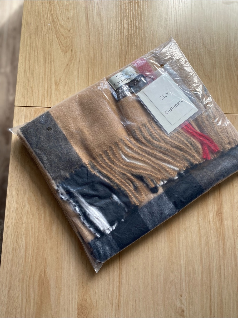 SKY Camel and Black Colorblock Cashmere Scarf with Pink Fringe